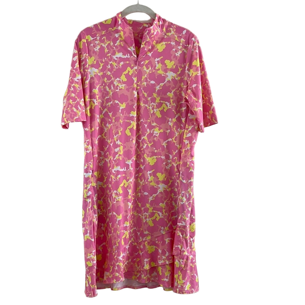 Tail Pink and Yellow Midi Dress with Mandarin Collar Golf Dress size M